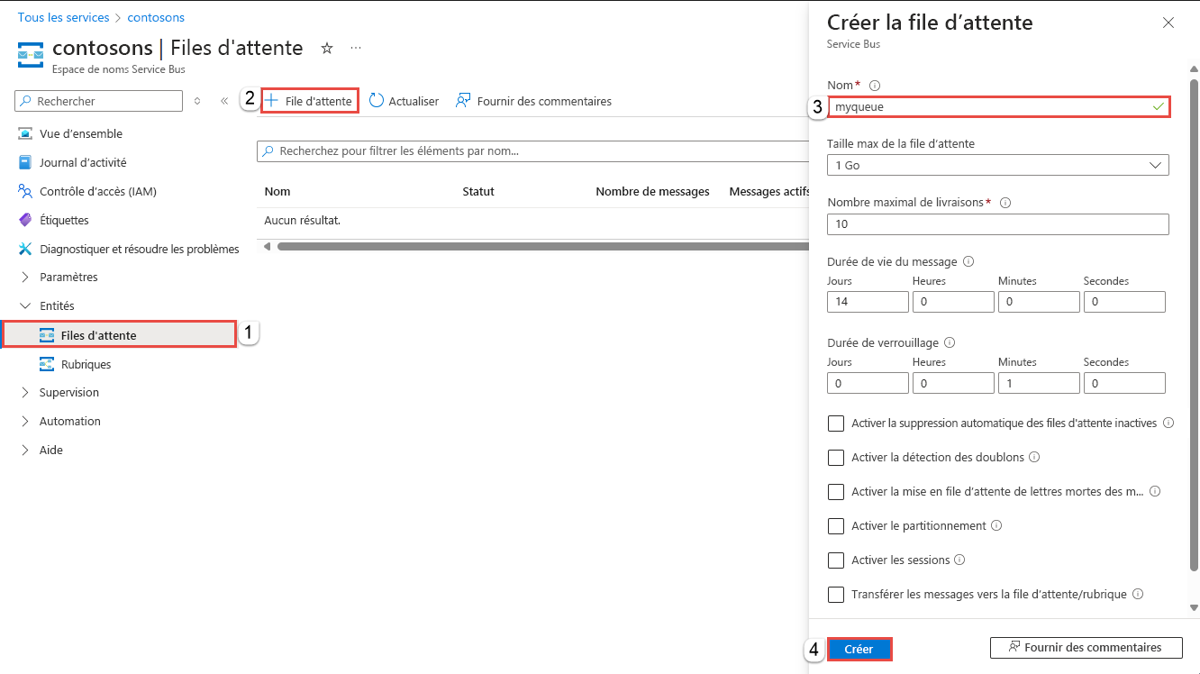 Capture d’écran montrant la page Créer une file d’attente.