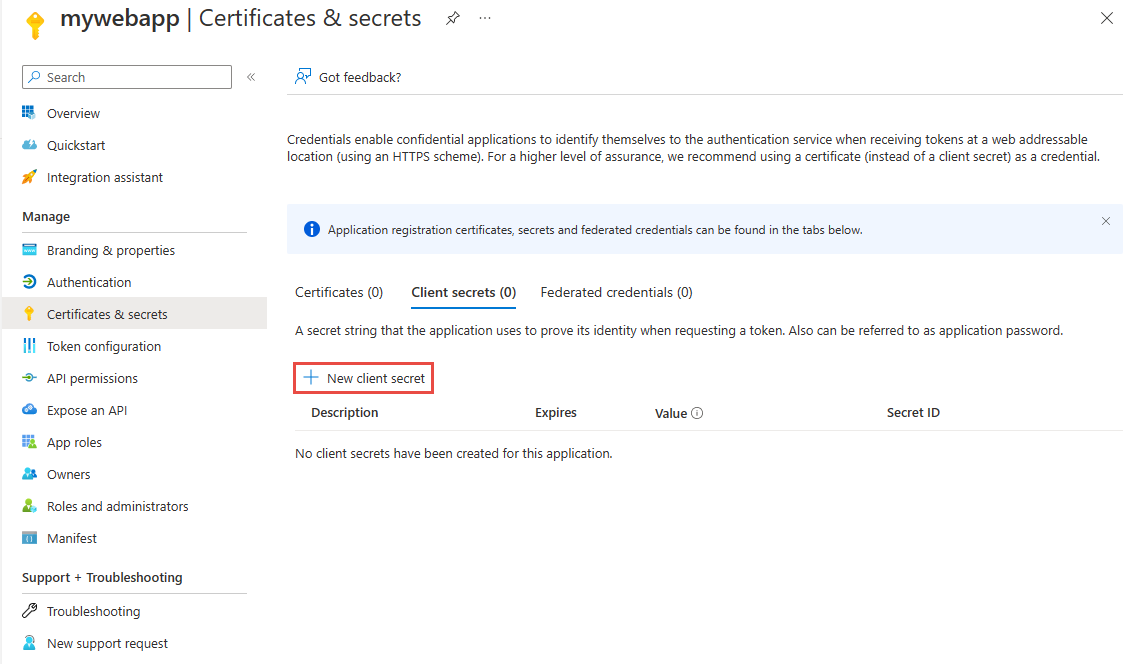 Capture d’écran de la page Certificats et secrets avec le bouton Nouveau secret client sélectionné.