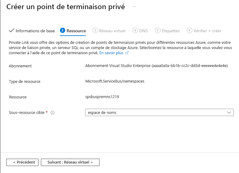 Capture d’écran montrant la page Ressource dans l’Assistant Créer un point de terminaison privé.