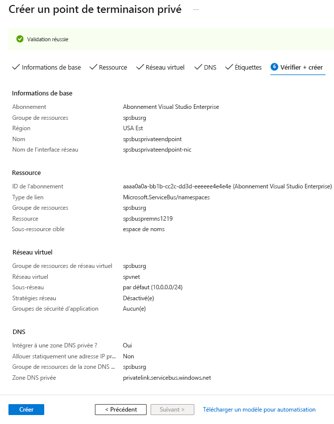 Capture d’écran montrant la page Vérifier + créer dans l’Assistant Créer un point de terminaison privé.