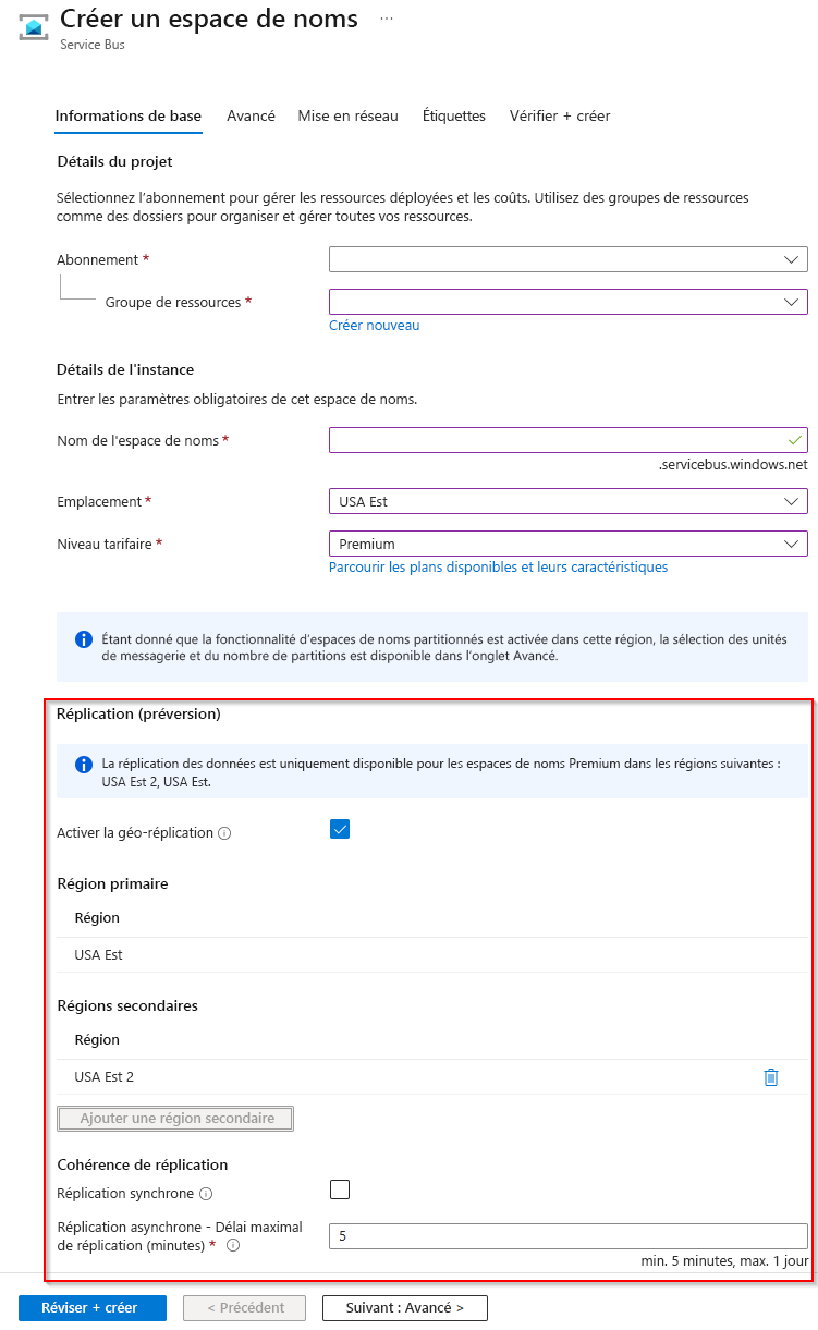 Capture d’écran montrant l’expérience Créer un espace de noms avec la géoréplication activée.