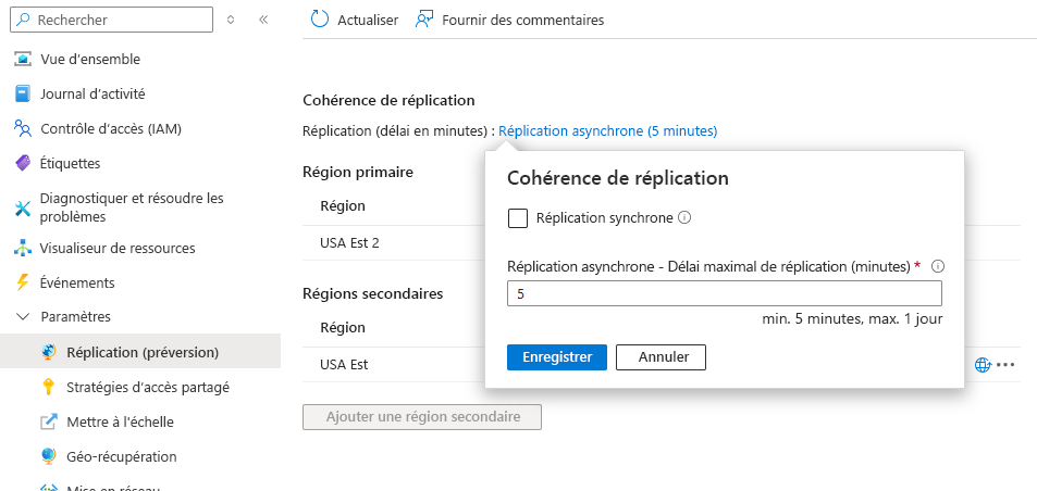 Capture d’écran montrant comment mettre à jour la configuration de la fonctionnalité de géoréplication.