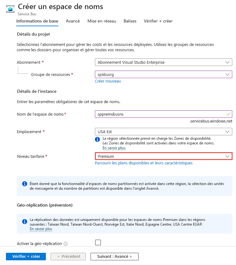 Capture d’écran montrant la sélection du niveau premium lors de la création d’un espace de noms.