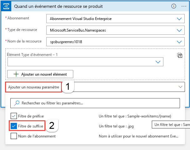 Capture d’écran montrant l’ajout d’un nouveau paramètre de filtre suffixe de type.