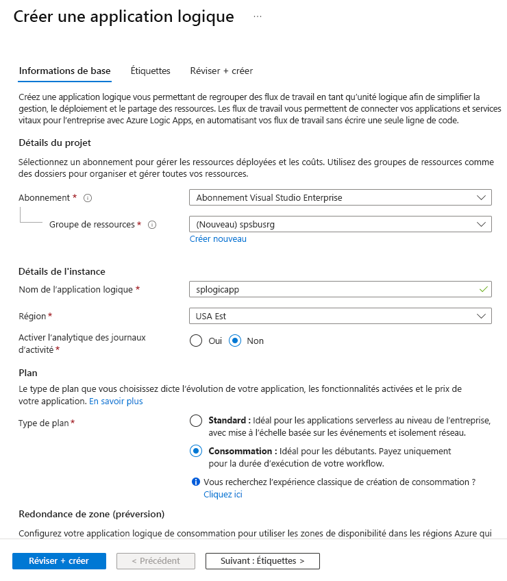 Capture d’écran montrant la page Créer une application logique.