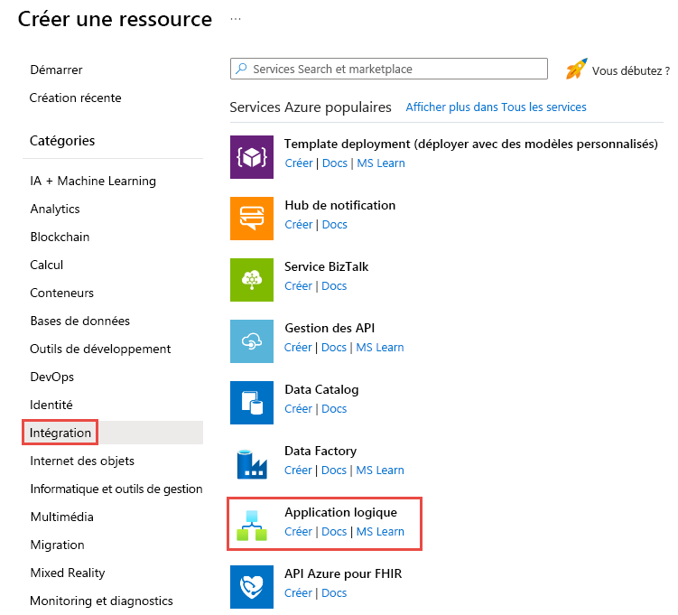 Capture d’écran montrant le menu Créer une ressource - > Intégration -> application logique.