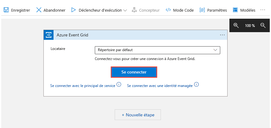 Capture d’écran montrant le Logic Apps Designer avec le bouton de connexion sélectionné.