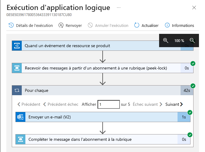 Capture d’écran montrant les détails de l’exécution de l’application logique sélectionnée.