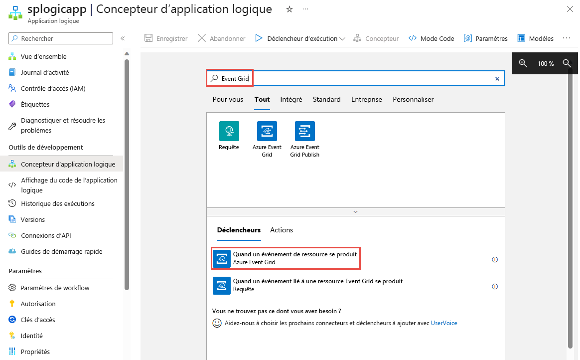 Capture d’écran montrant le Logic Apps Designer avec le déclencheur Event Grid sélectionné.