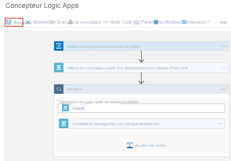 Capture d’écran montrant le bouton Enregistrer dans l’application logique conçue.