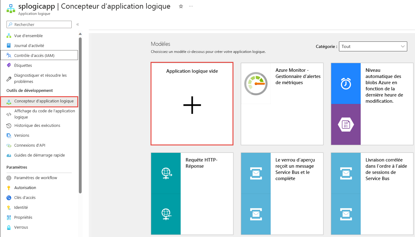 Capture d’écran montrant la page du concepteur d’application logique avec l’option Application logique vide sélectionnée.