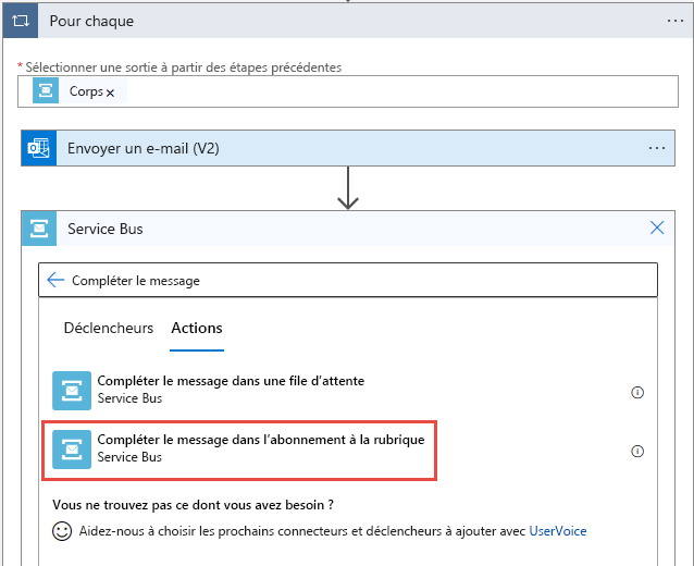 Capture d’écran montrant la sélection de Terminer un message dans un abonnement à une rubrique.