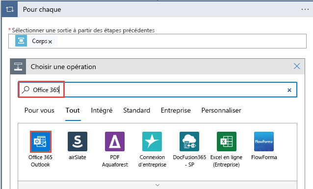 Capture d’écran montrant la sélection d’Office 365.