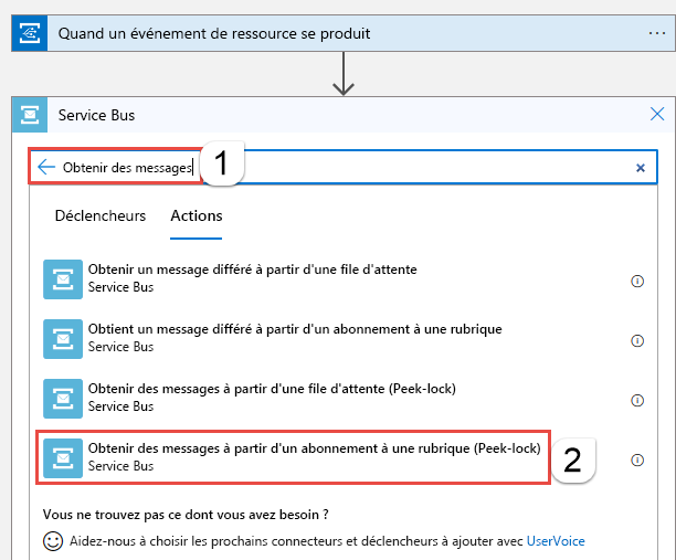 Capture d’écran montrant le Logic Apps Designer avec obtenir des messages à partir d’un abonnement de rubrique sélectionné.