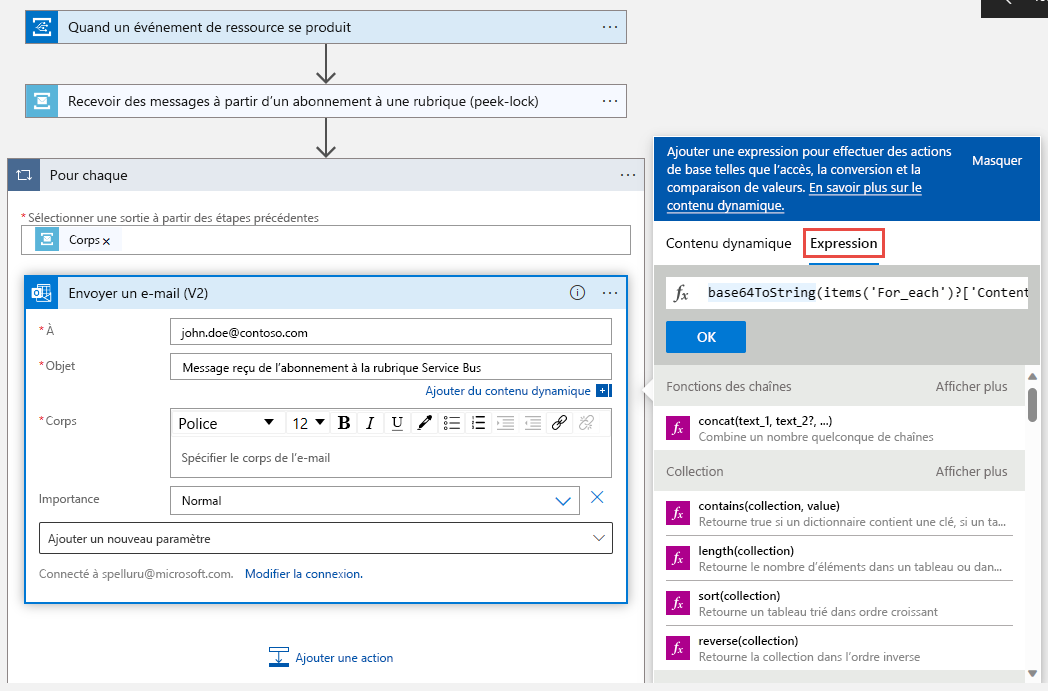 Capture d’écran montrant l’expression du corps de l’activité Envoyer un e-mail.