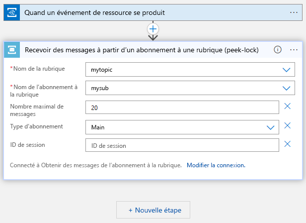 Capture d’écran montrant le Logic Apps Designer avec la rubrique et l’abonnement Service Bus spécifiés.