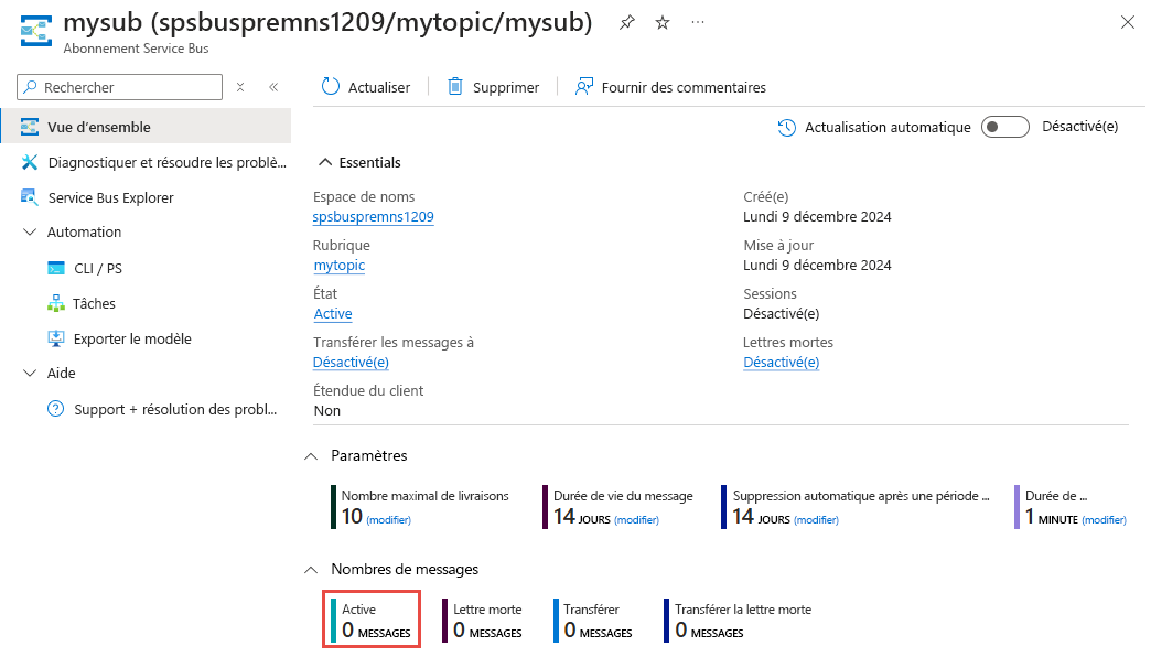 Capture d’écran montrant la page Abonnement Service Bus avec le nombre de messages actif sélectionné.