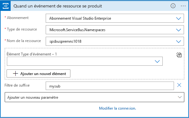 Capture d’écran montrant le Logic Apps Designer avec la configuration de connexion pour l’espace de noms Service Bus.