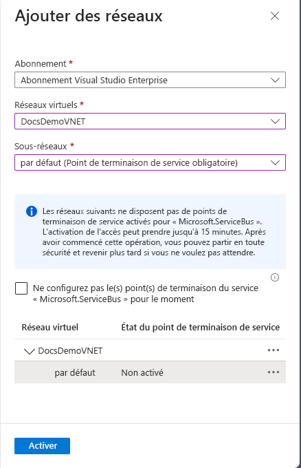 Capture d’écran montrant la sélection du réseau virtuel et du sous-réseau.