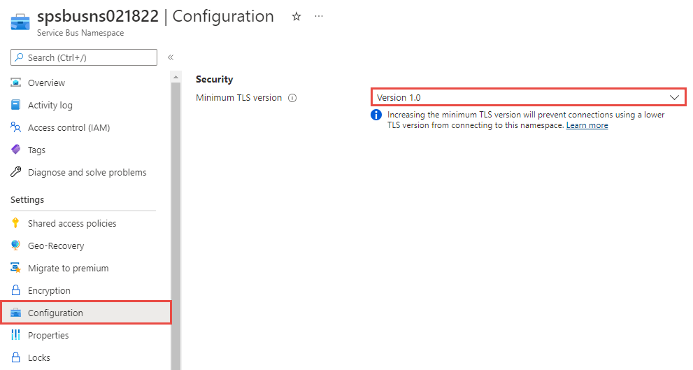 Capture d’écran montrant la page permettant de définir la version TLS minimale pour un espace de noms existant.