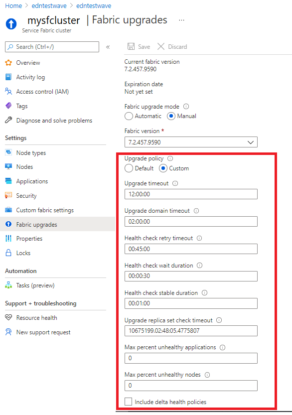 Sélectionnez l’option de stratégie de mise à niveau « Personnalisée » dans la section « Mises à niveau de Fabric » de votre ressource de cluster dans Portail Azure afin de définir des stratégies d’intégrité personnalisées lors de la mise à niveau.