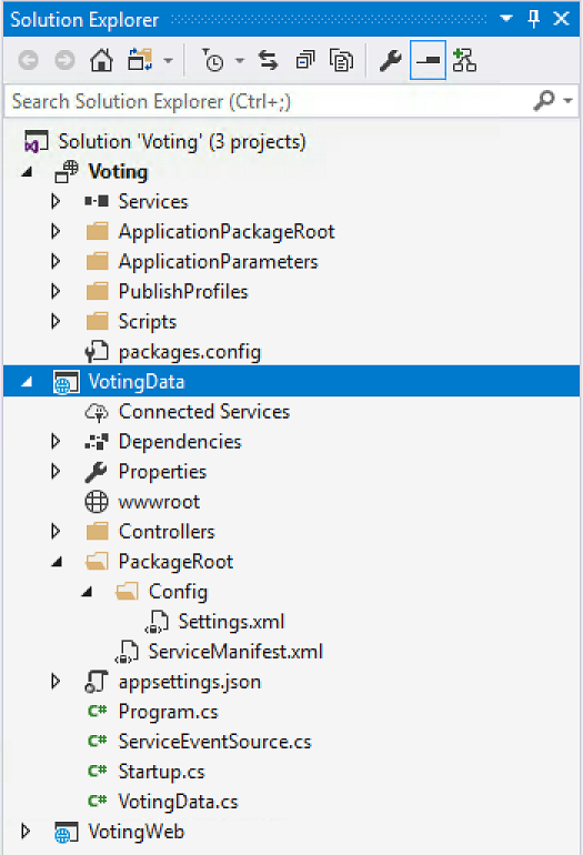 Capture d’écran montrant le projet de service VotingData dans l’Explorateur de solutions.
