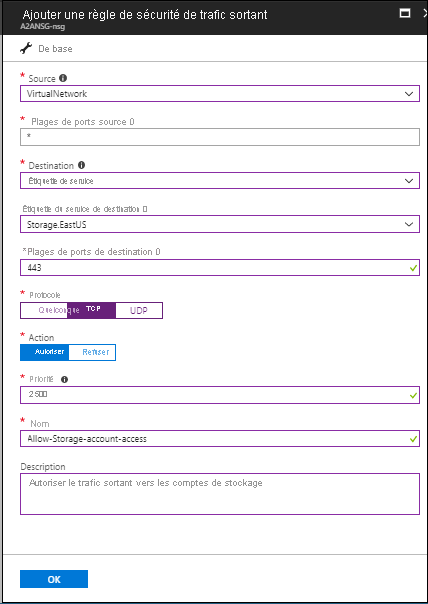 Capture d’écran montrant Ajouter une règle de sécurité de trafic sortant applicable à un groupe de sécurité réseau pour le point de stockage USA Est.