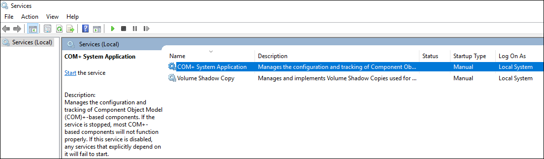 Vérifiez le type de démarrage des services Application système COM+ et Cliché instantané de volume.