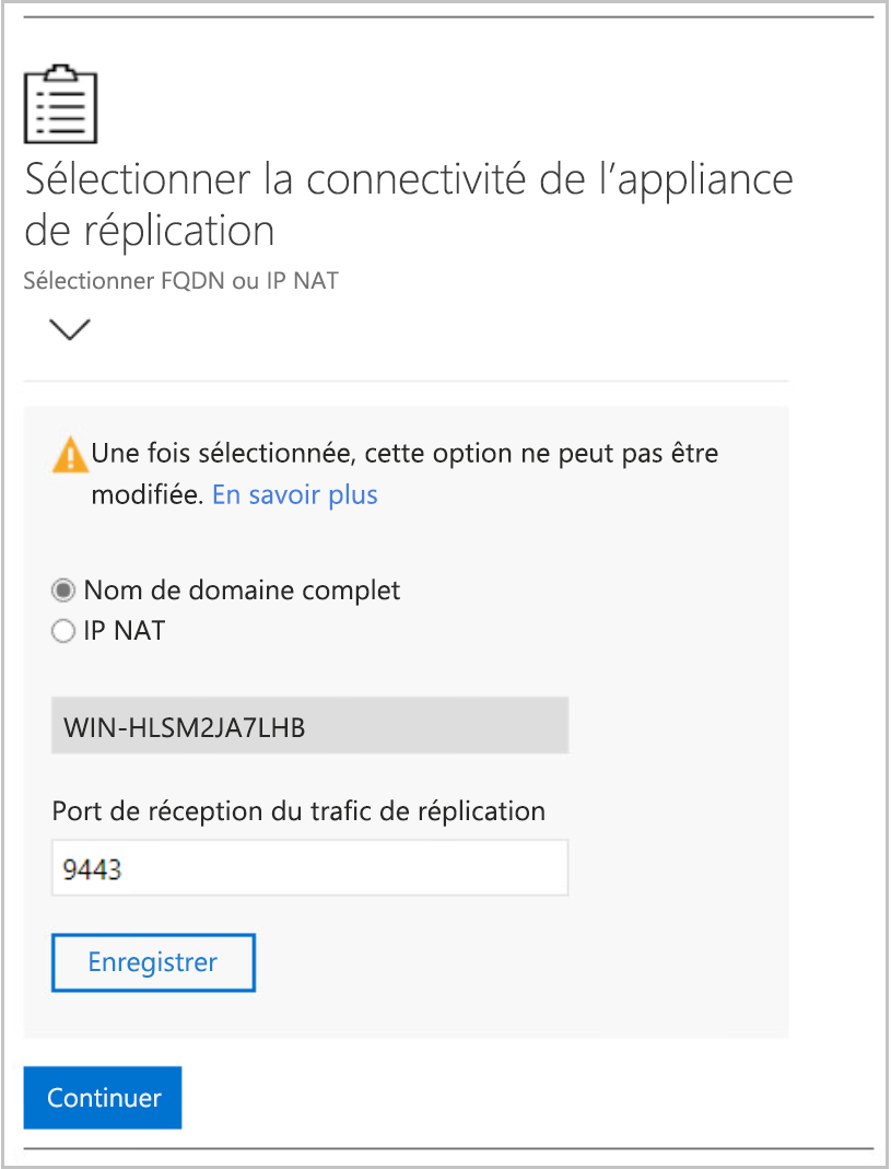 Capture d’écran montrant les options de connectivité de l’appliance.