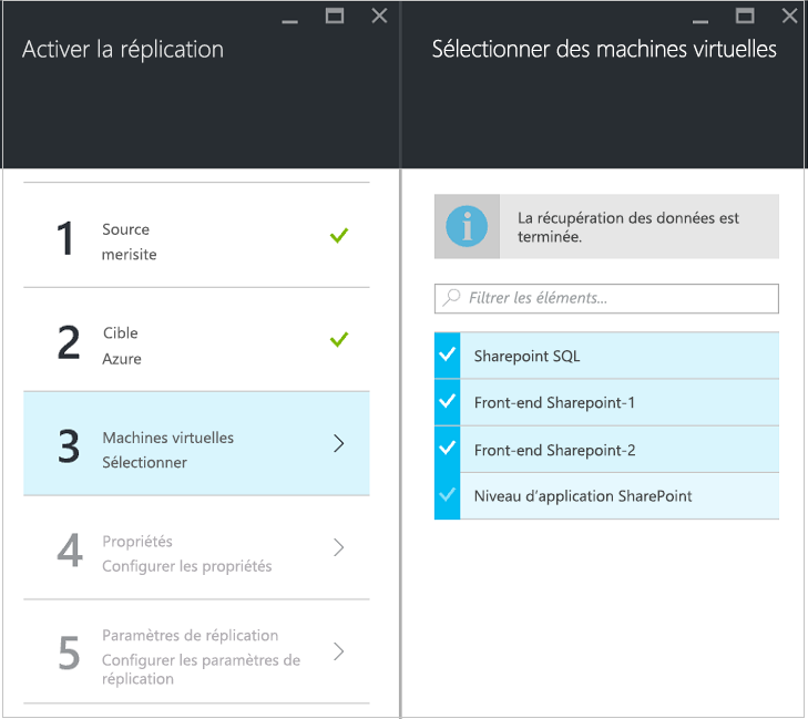 Fenêtre de sélection des machines virtuelles pour l’activation de la réplication