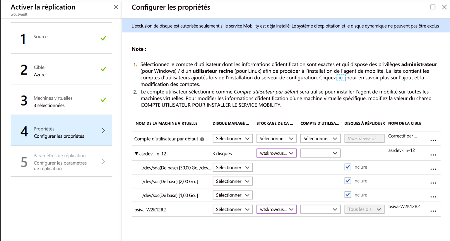 Fenêtre de configuration des propriétés pour l’activation de la réplication