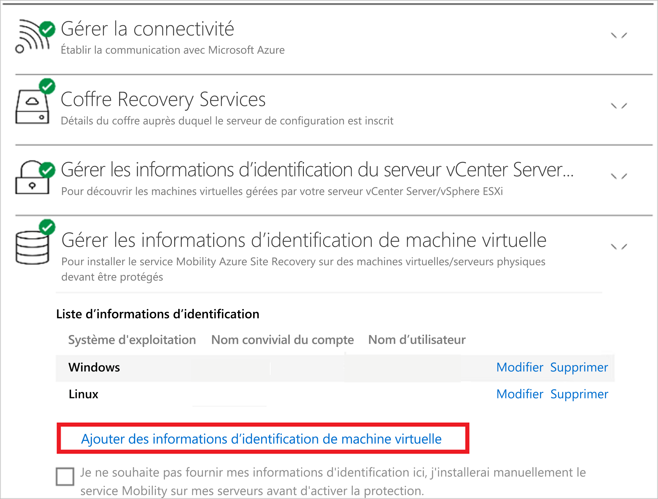 Capture d’écran montrant le volet Gérer les informations d’identification de machine virtuelle avec le lien Ajouter des informations d’identification de machine virtuelle.