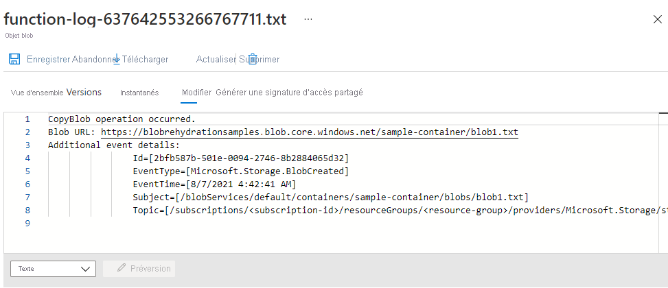 Capture d’écran montrant le contenu de l’objet blob de journal dans le portail Azure
