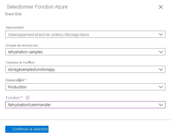 Capture d’écran montrant comment sélectionner une fonction Azure comme point de terminaison pour un abonnement Event Grid