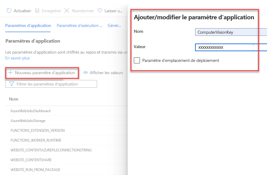 Capture d’écran montrant comment ajouter un paramètre d’application à une fonction Azure.