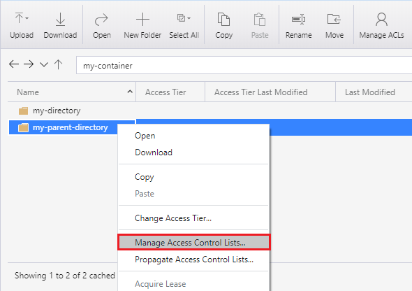 Clic droit sur un répertoire dans l’Explorateur Stockage Azure