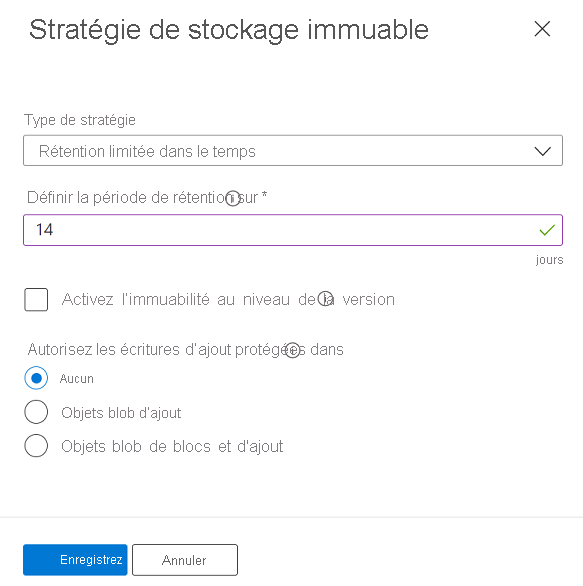 Capture d’écran montrant comment configurer l’étendue de la stratégie d’immuabilité au conteneur