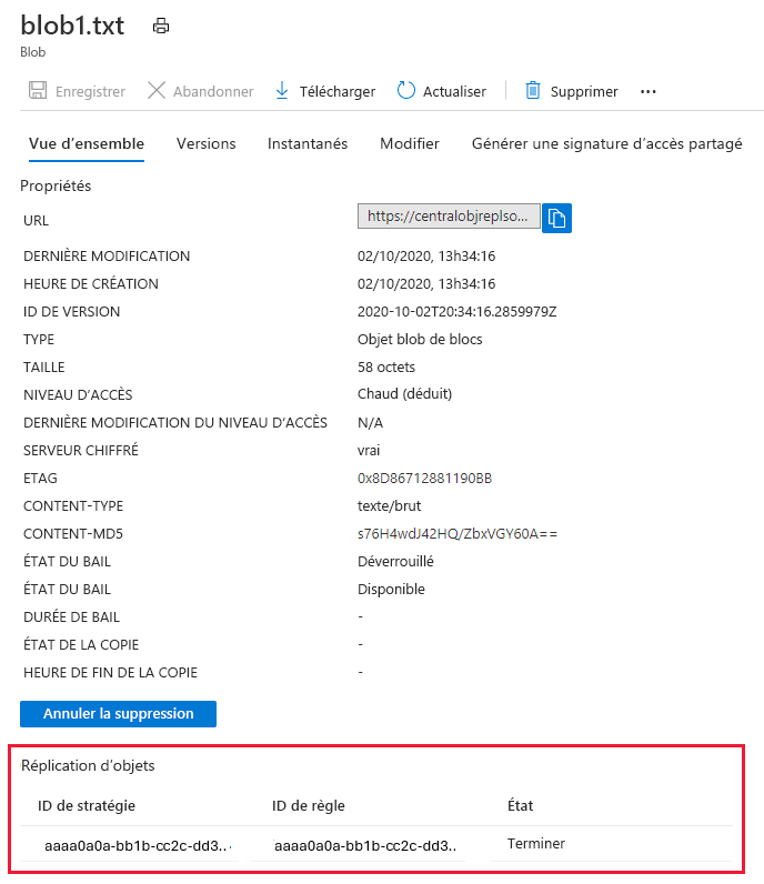 Screenshot showing replication status for a blob in the source account