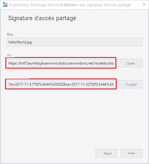 Capture d’écran montrant comment générer une signature d’accès partagé