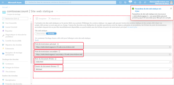 Image montrant les propriétés de site web statique dans le portail Azure