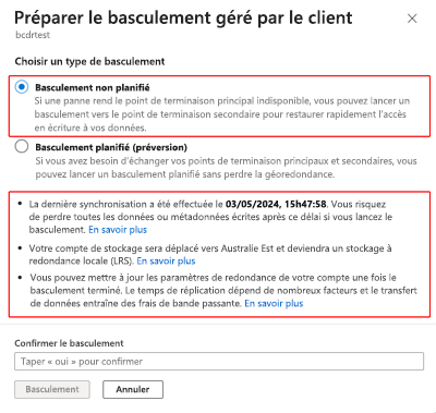 Capture d’écran montrant l’option de basculement sélectionnée dans la fenêtre Préparer un basculement.