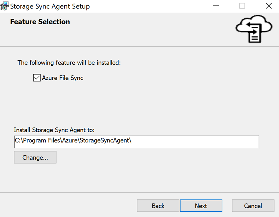 Capture d'écran de l'assistant de configuration de l'agent File Sync Sélection du chemin d'accès.