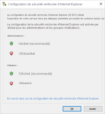 Capture d’écran de la fenêtre contextuelle Configuration de sécurité renforcée d’Internet Explorer avec l’option « Désactivé » sélectionnée.