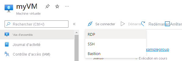 Capture d’écran montrant le bouton Se connecter sur le Portail Azure avec R D P mis en surbrillance.