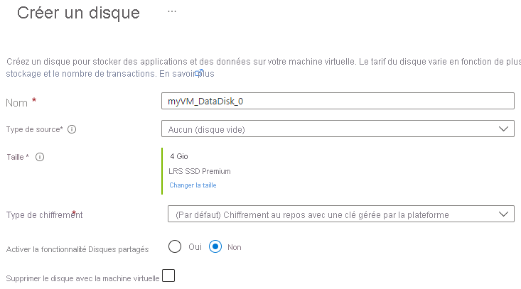 Capture d’écran montrant comment créer un disque de données pour votre MV.