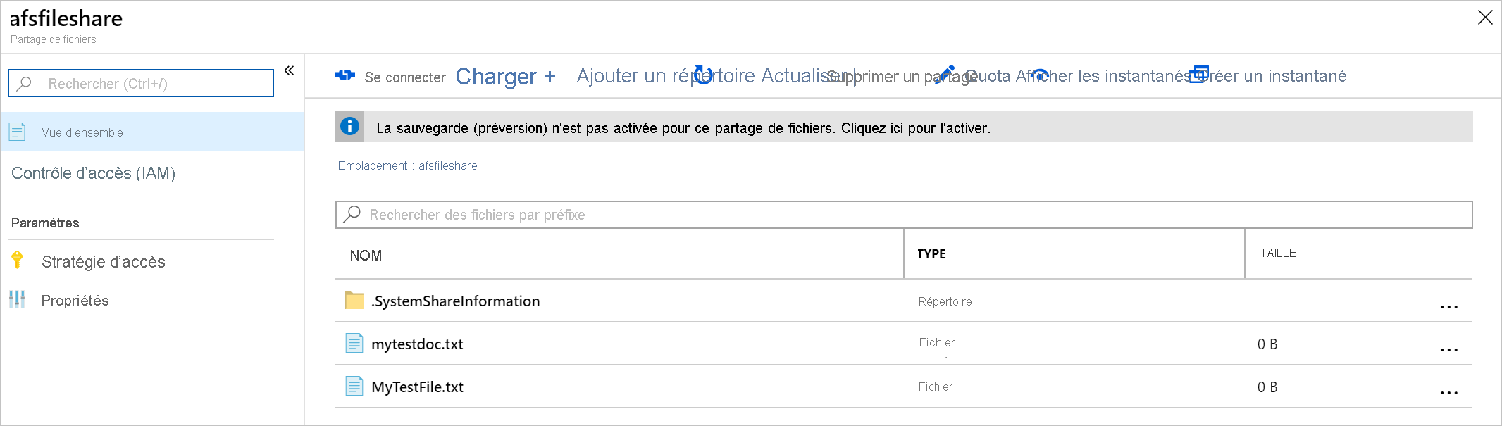 Capture d’écran montrant les fichiers correctement synchronisés avec un partage de fichiers Azure.