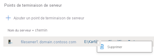 Capture d’écran montrant comment supprimer un point de terminaison de serveur dans un groupe de synchronisation.