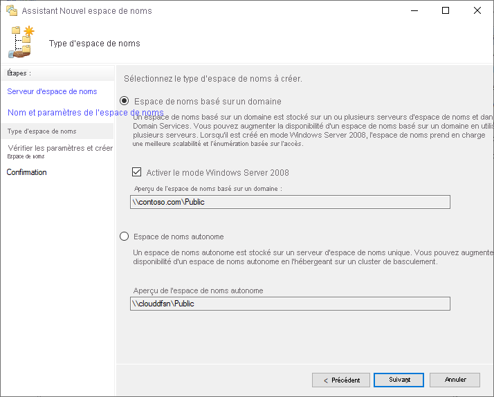 Capture d’écran de la sélection entre un espace de nom basé sur un domaine et un espace de nom autonome dans l’Assistant Nouvel espace de noms.