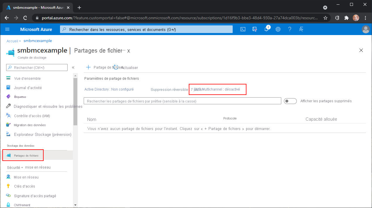 Capture d’écran de la section des partages de fichiers avec dans le compte de stockage mettant en évidence le paramètre SMB Multichannel