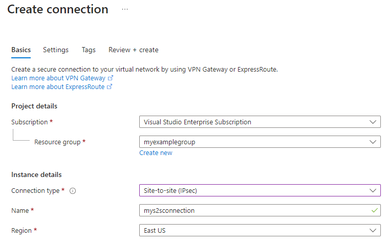 Capture d’écran montrant comment créer une connexion VPN site à site à l’aide du Portail Azure.